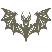 Stylized bat illustration with an angular, gothic-inspired design. Features a menacing expression, pointed ears, and outstretched wings adorned with curved, sharp details.