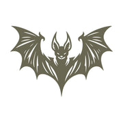Stylized bat illustration with an angular, gothic-inspired design. Features a menacing expression, pointed ears, and outstretched wings adorned with curved, sharp details.
