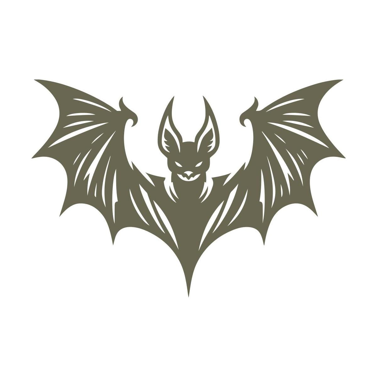 Stylized bat illustration with an angular, gothic-inspired design. Features a menacing expression, pointed ears, and outstretched wings adorned with curved, sharp details.