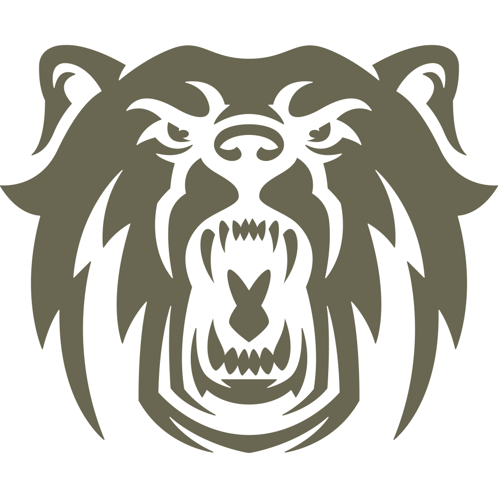 The Bear Delrin Leather Stamp features a stylized illustration of a bear's head in a brownish-gray color. The bear displays an aggressive expression with its mouth open and fangs bared. The design is sharp and angular, with bold lines that define its features vividly.