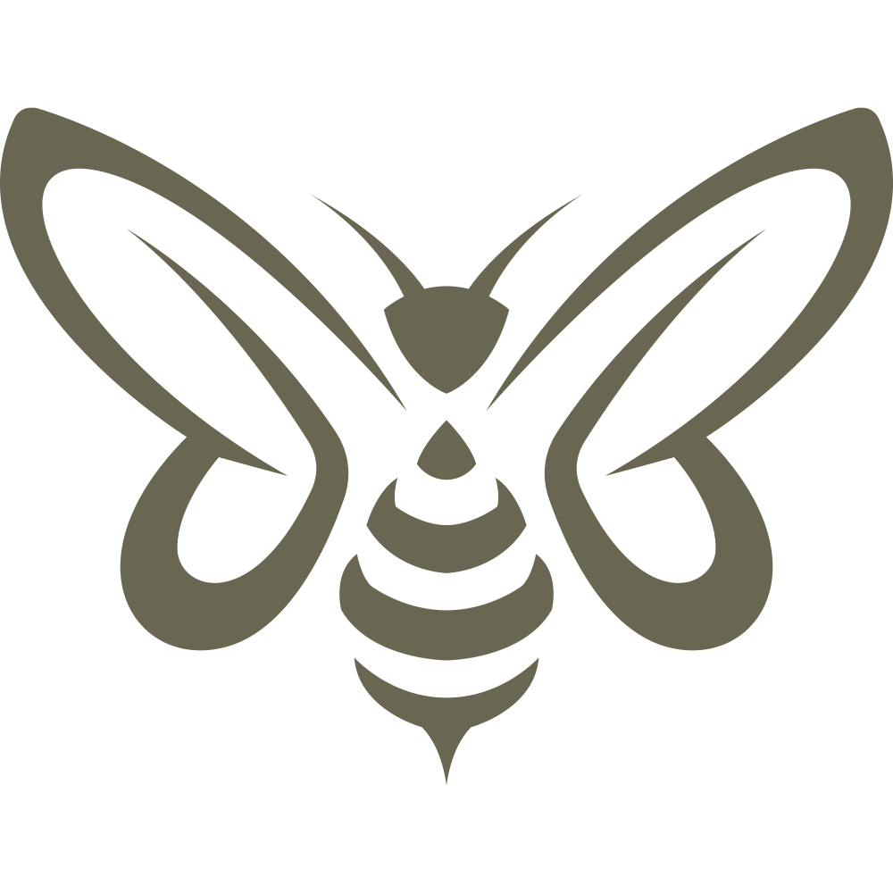 The Bee Delrin Leather Stamp features a minimalist, stylized monochromatic illustration of a bee with two wings, abstractly drawn using smooth, curved lines. The symmetrical design utilizes negative space effectively and is rendered in shades of olive green against a white background.