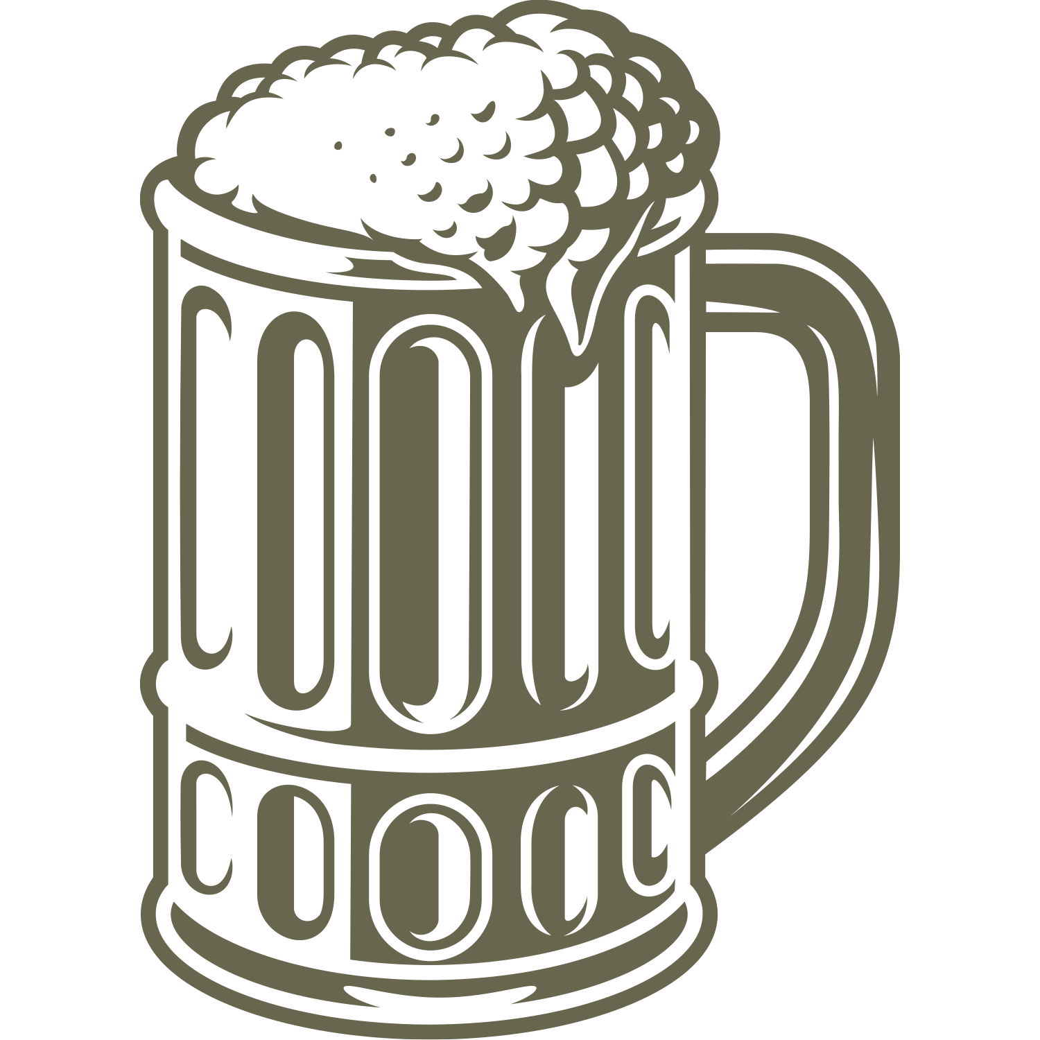 Detailed beer mug with thick handle, frothy foam overflow, and vintage-style glass texture—designed for Delrin leather stamping.