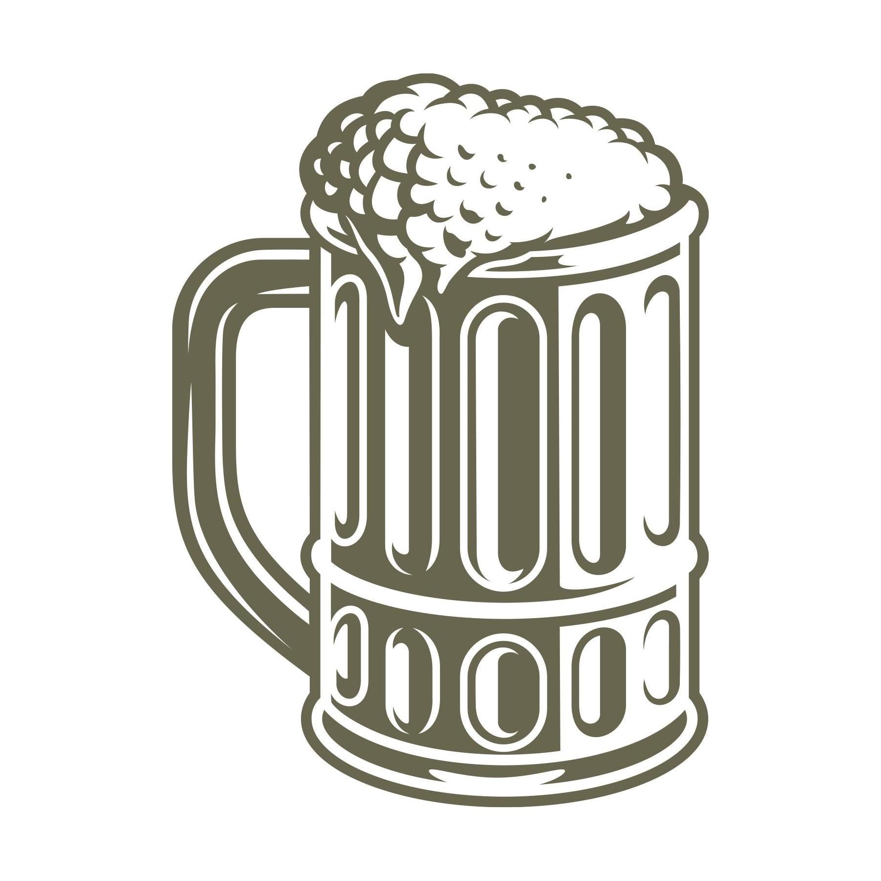 Detailed beer mug with thick handle, frothy foam overflow, and vintage-style glass texture—designed for Delrin leather stamping.