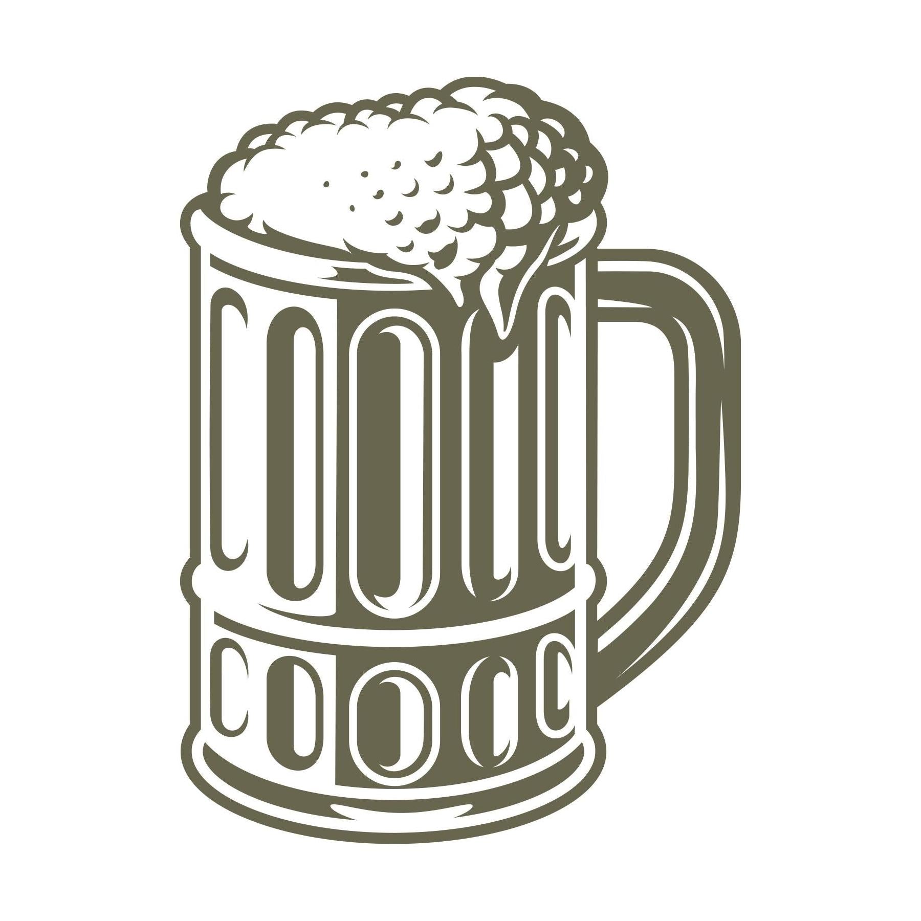 Detailed beer mug with thick handle, frothy foam overflow, and vintage-style glass texture—designed for Delrin leather stamping.