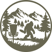 Bigfoot playing disc golf in a forested mountain landscape, framed within a circular border. The design captures a mythical creature in an unexpected outdoor activity.