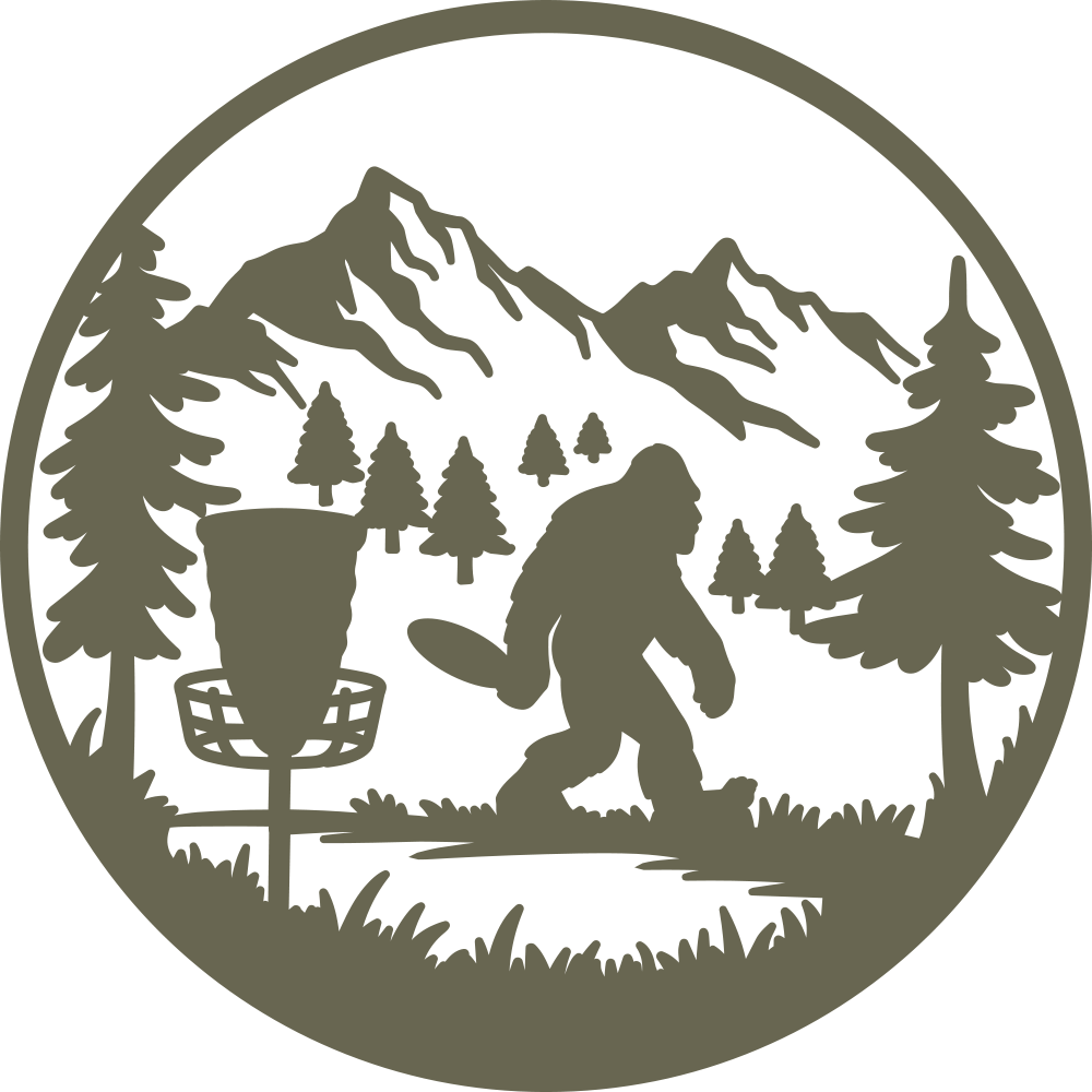 Bigfoot playing disc golf in a forested mountain landscape, framed within a circular border. The design captures a mythical creature in an unexpected outdoor activity.