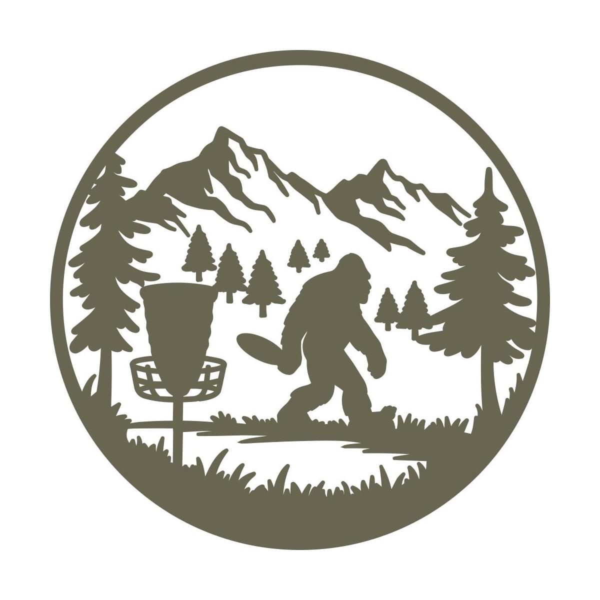 Bigfoot playing disc golf in a forested mountain landscape, framed within a circular border. The design captures a mythical creature in an unexpected outdoor activity.