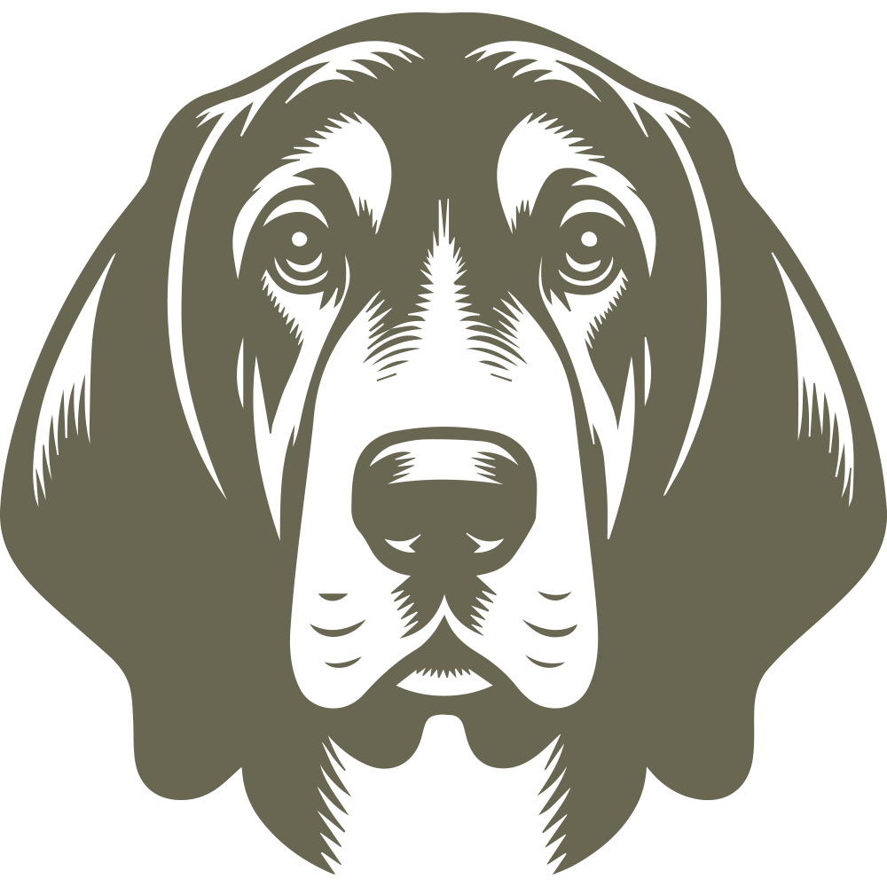 Detailed hound dog head design featuring subtle shading, drooping ears, and soulful eyes.