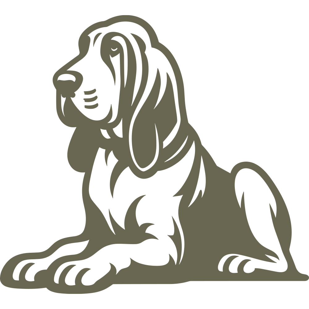 Illustrated Bloodhound dog design in a relaxed, seated pose, featuring long ears and expressive details.