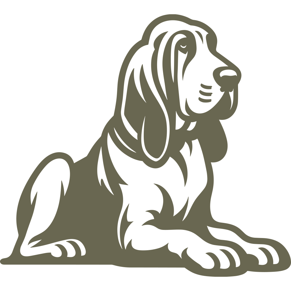 Illustrated Bloodhound dog design in a relaxed, seated pose, featuring long ears and expressive details.