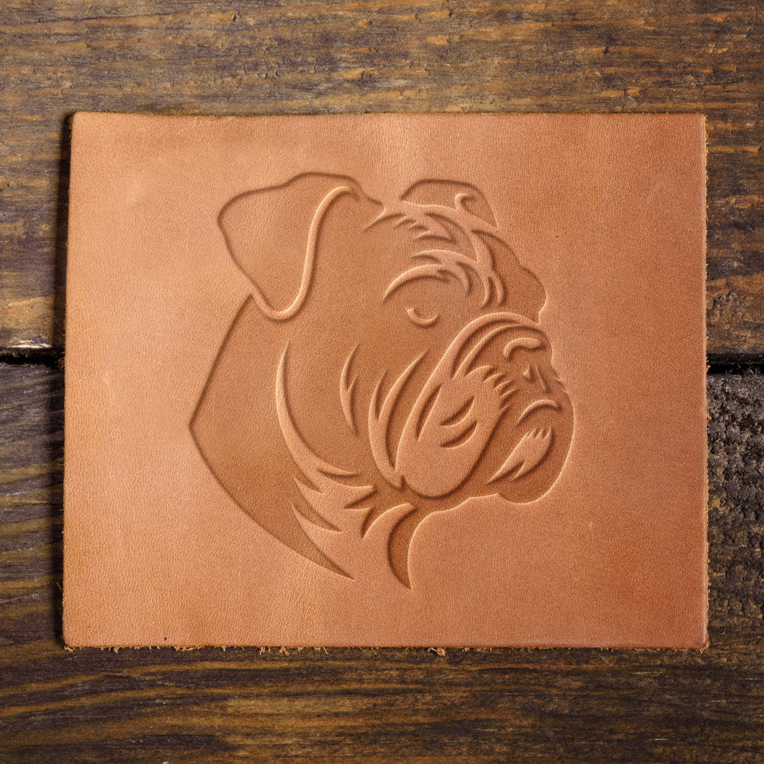 Leather sample with a finely detailed bulldog stamp impression, ideal for custom leathercraft and pet-themed designs.