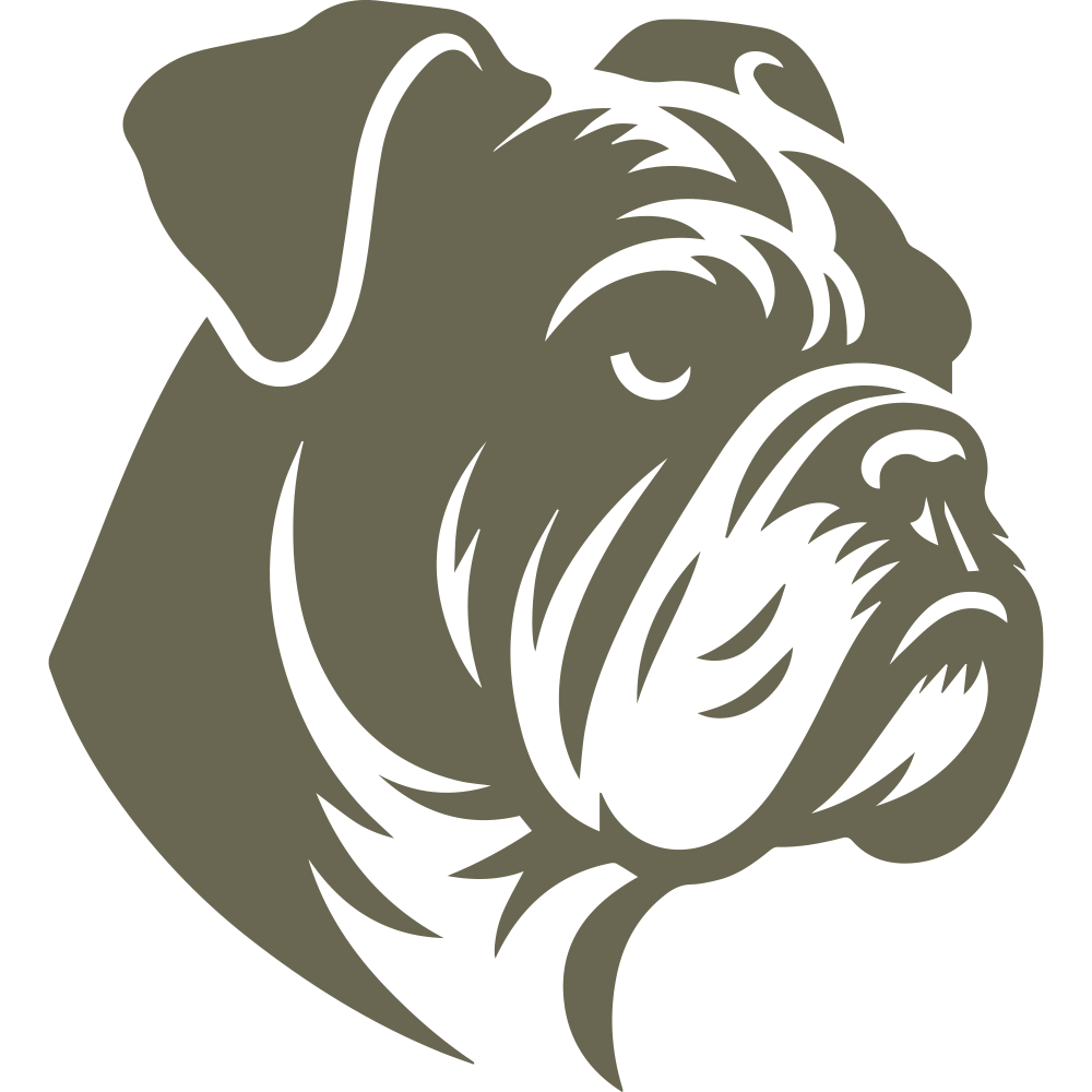 Bold bulldog head illustration with strong lines and a stoic expression, capturing the breed’s powerful and loyal nature.