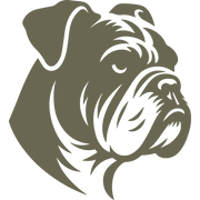 Bold bulldog head illustration with strong lines and a stoic expression, capturing the breed’s powerful and loyal nature.