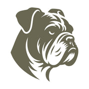 Bold bulldog head illustration with strong lines and a stoic expression, capturing the breed’s powerful and loyal nature.