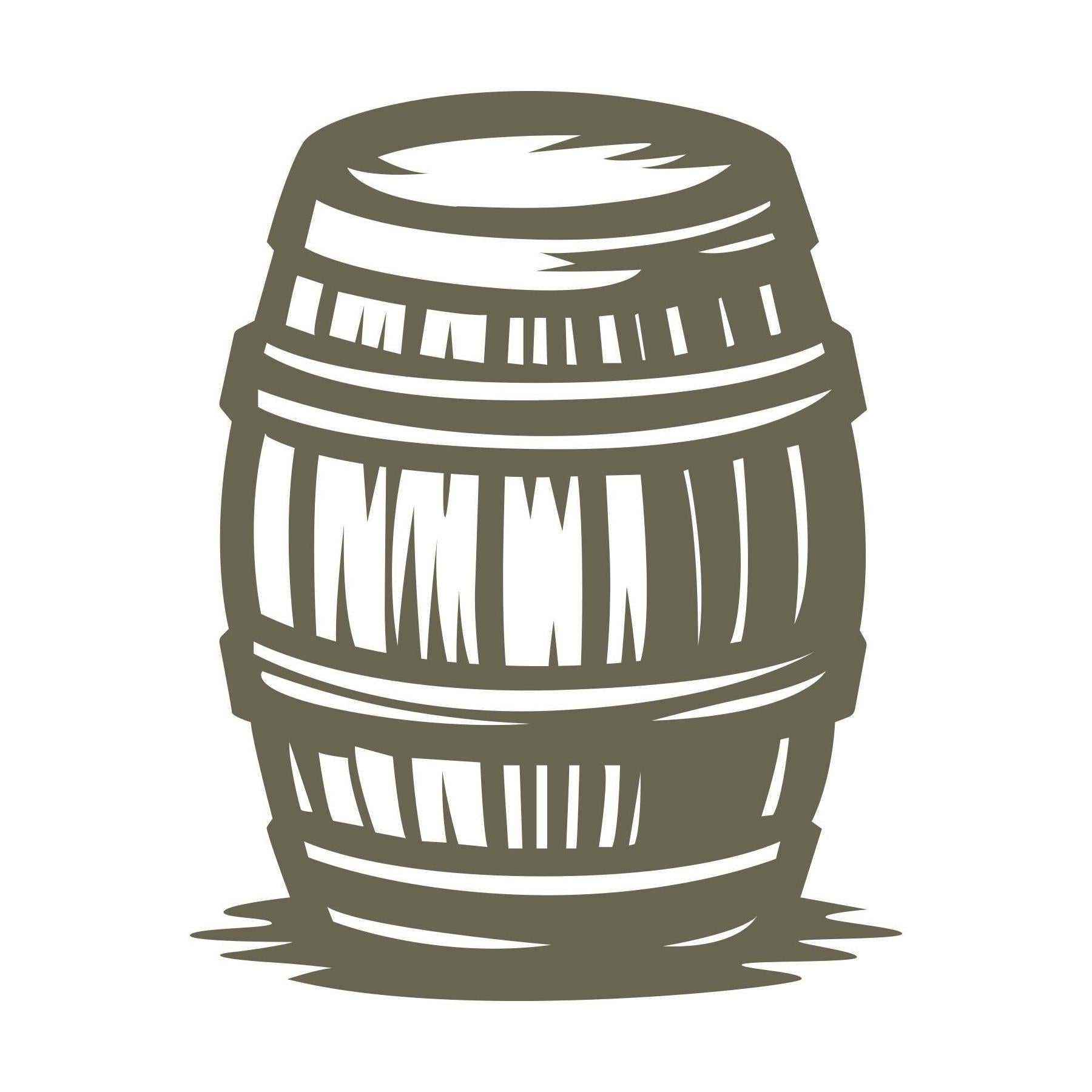 Delrin leather stamp design of a classic wooden barrel with metal bands and carved line details, perfect for whiskey or wine-themed leather projects.