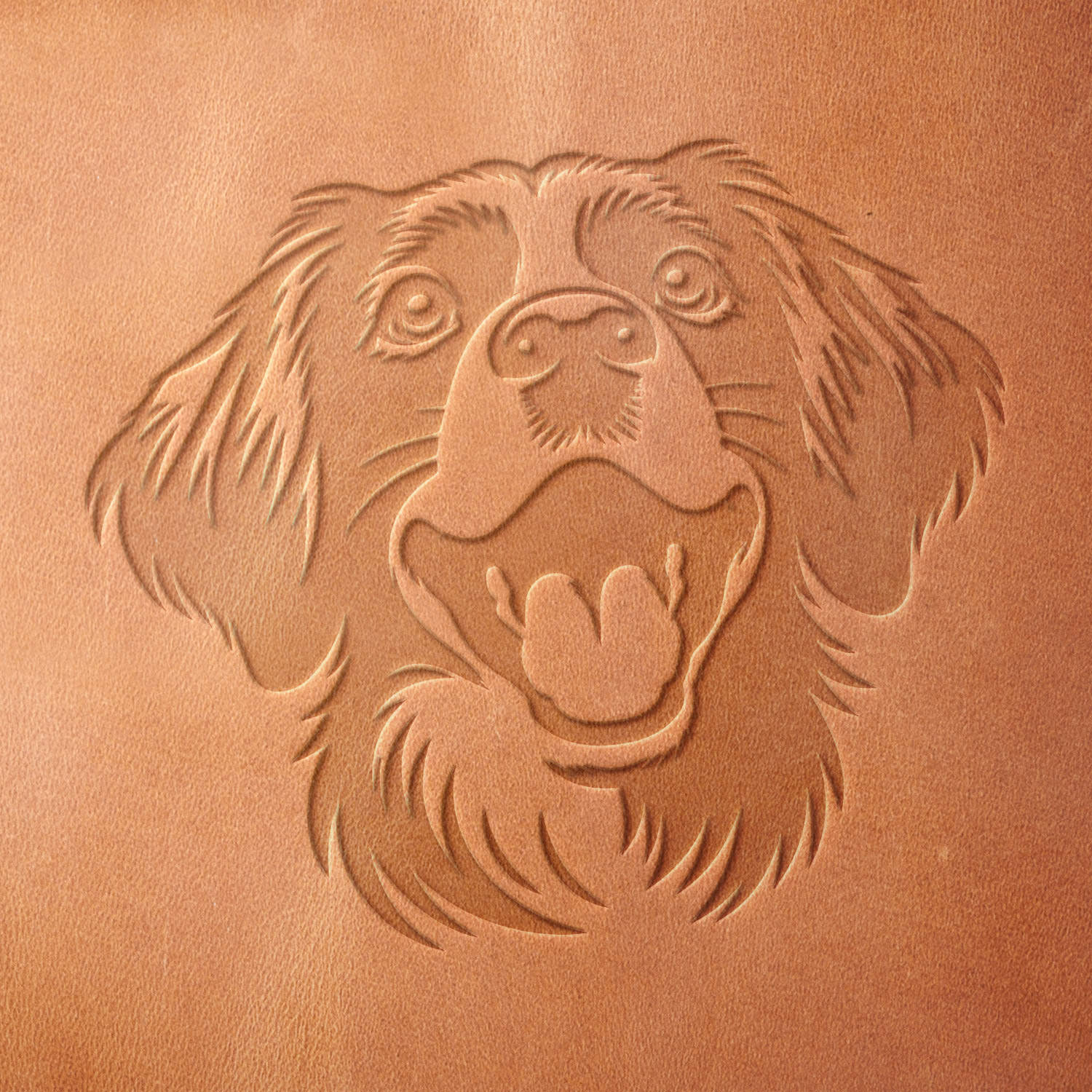 Leather sample showcasing a stamped happy dog design using a delrin leather stamp, highlighting the dog's playful expression and detailed fur texture.