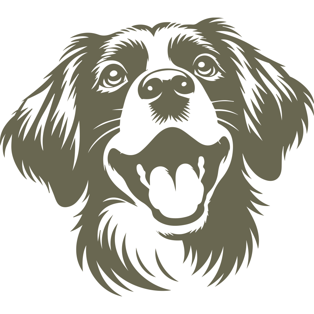 Happy dog design featuring a fluffy coat, expressive eyes, and an open-mouthed, joyful expression.