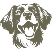 Happy dog design featuring a fluffy coat, expressive eyes, and an open-mouthed, joyful expression.
