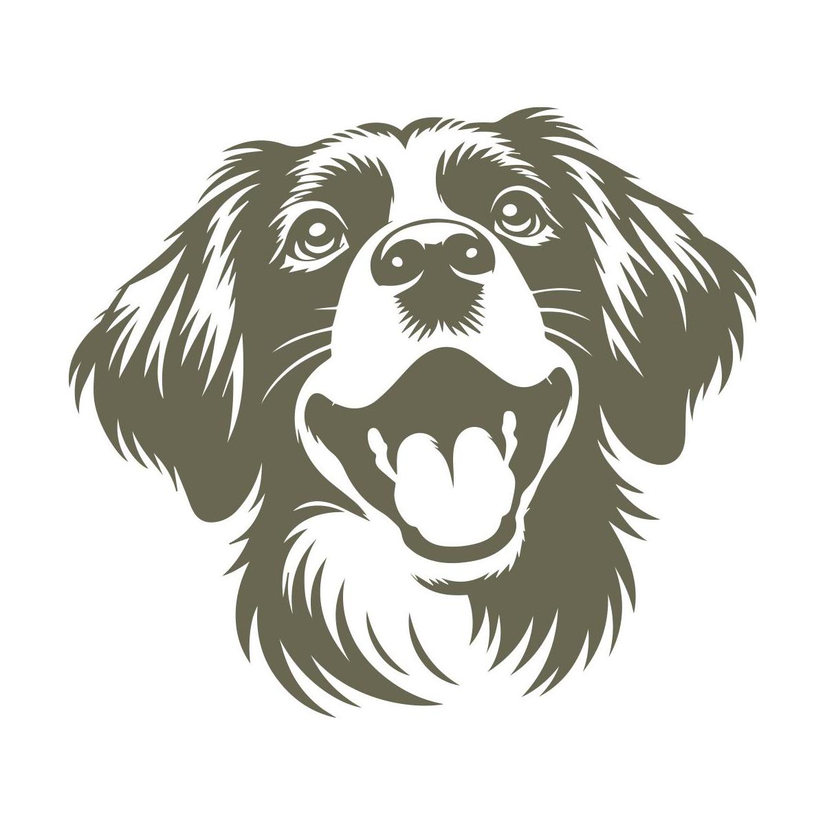 Happy dog design featuring a fluffy coat, expressive eyes, and an open-mouthed, joyful expression.