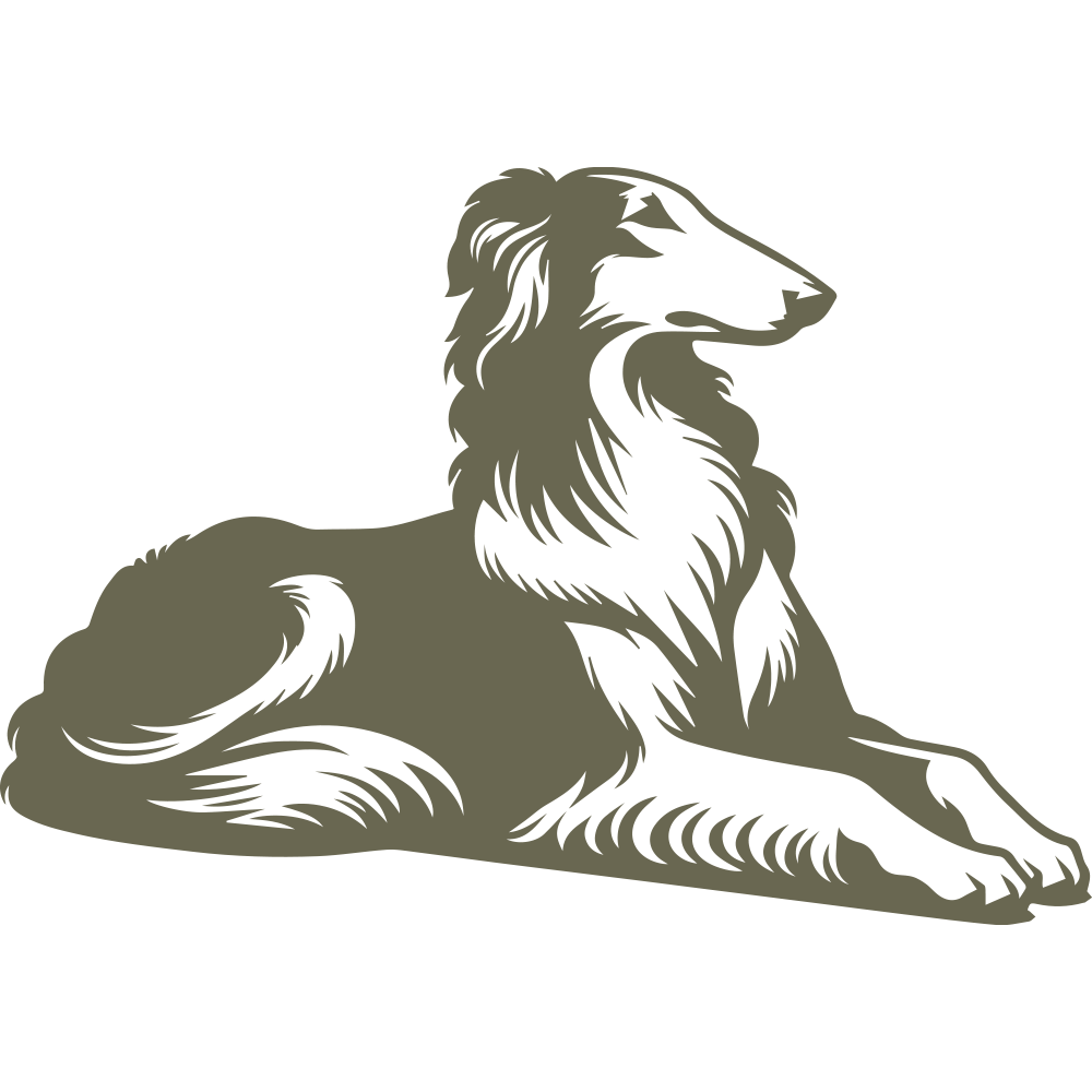 Elegant Borzoi dog design in a relaxed, reclining pose, featuring detailed fur and a graceful posture.