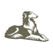 Elegant Borzoi dog design in a relaxed, reclining pose, featuring detailed fur and a graceful posture.