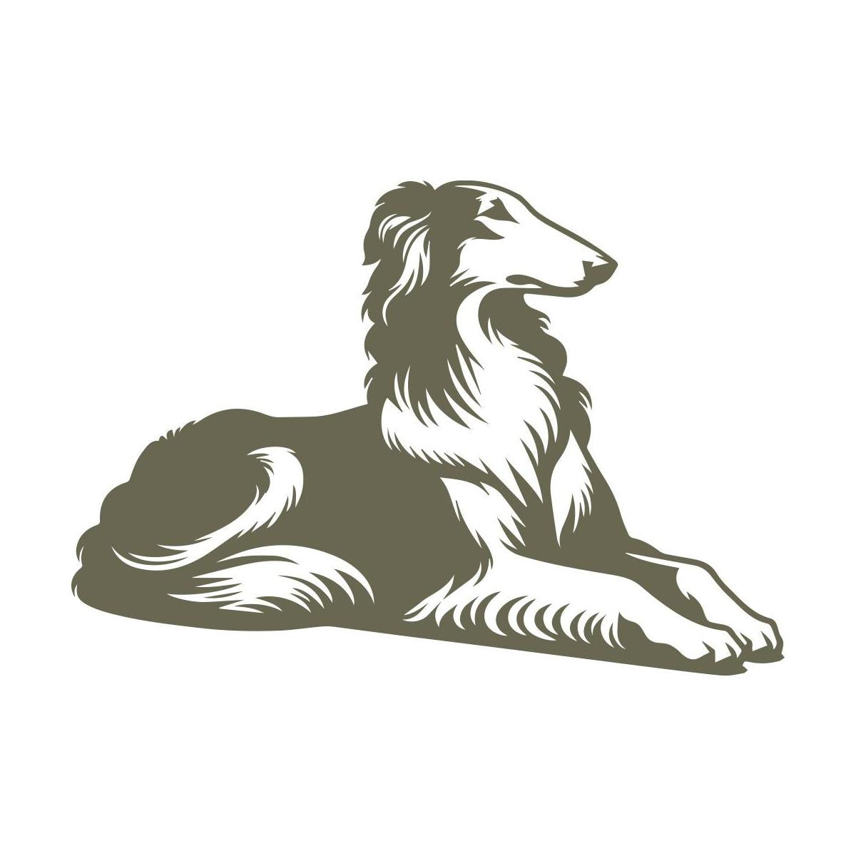 Elegant Borzoi dog design in a relaxed, reclining pose, featuring detailed fur and a graceful posture.