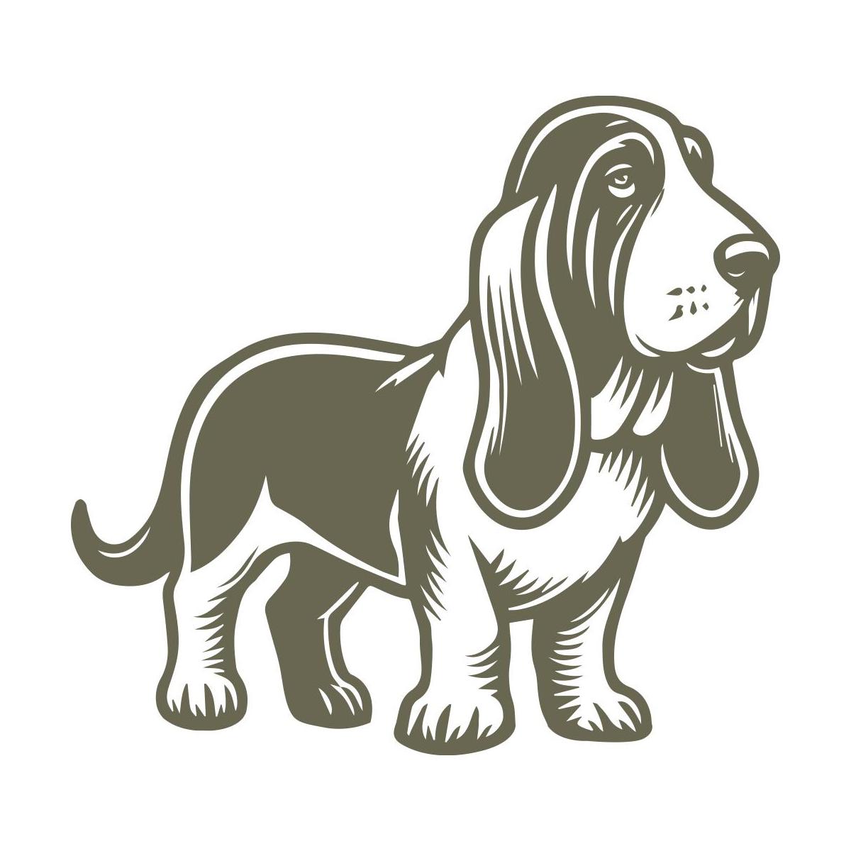 Detailed Basset Hound design featuring the breed’s signature long ears, droopy eyes, and short, sturdy legs. A charming depiction of this loyal and lovable scent hound.
