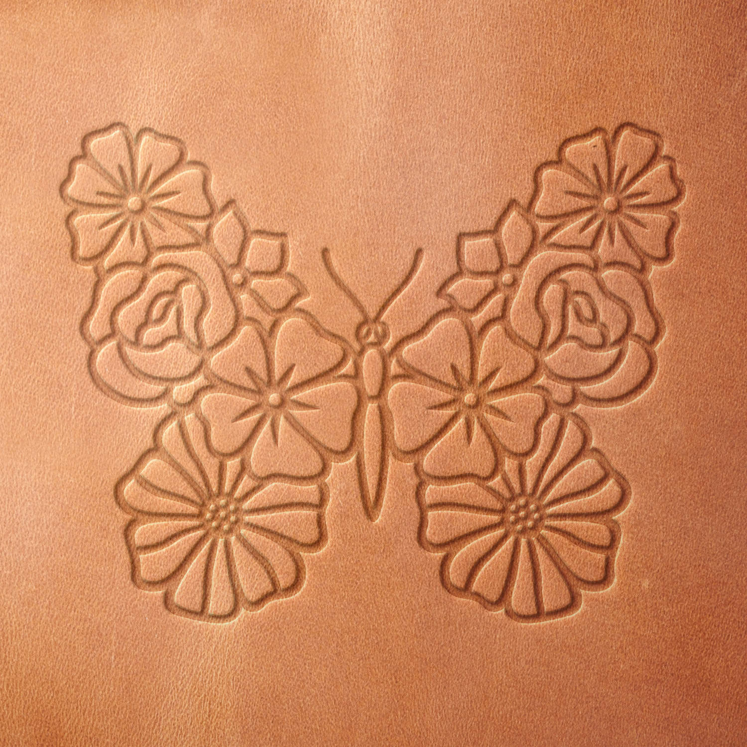 Leather sample with a floral butterfly stamp impression, blending nature-inspired elegance with intricate detailing.