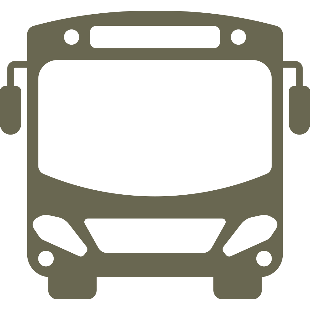 Modern bus design featuring a front-facing view with large windows, headlights, and side mirrors, representing public transportation and urban commuting.