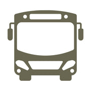 Modern bus design featuring a front-facing view with large windows, headlights, and side mirrors, representing public transportation and urban commuting.