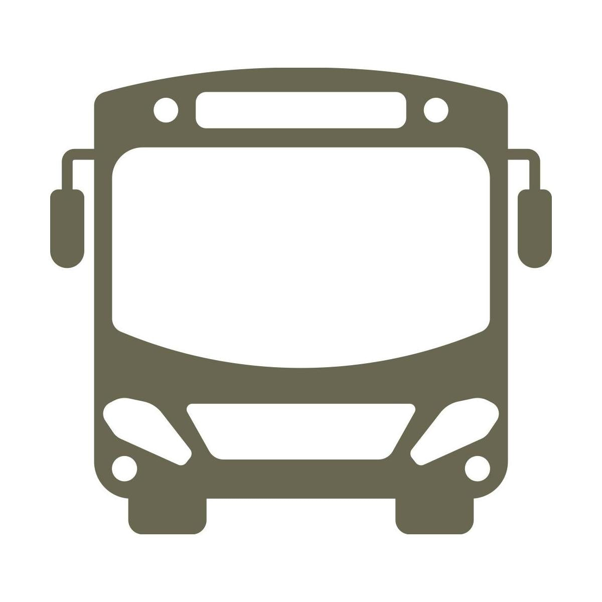 Modern bus design featuring a front-facing view with large windows, headlights, and side mirrors, representing public transportation and urban commuting.