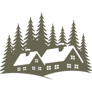 Delrin leather stamp design of a snowy cabin village surrounded by tall pine trees—perfect for winter, holiday, or woodland-themed leather projects.