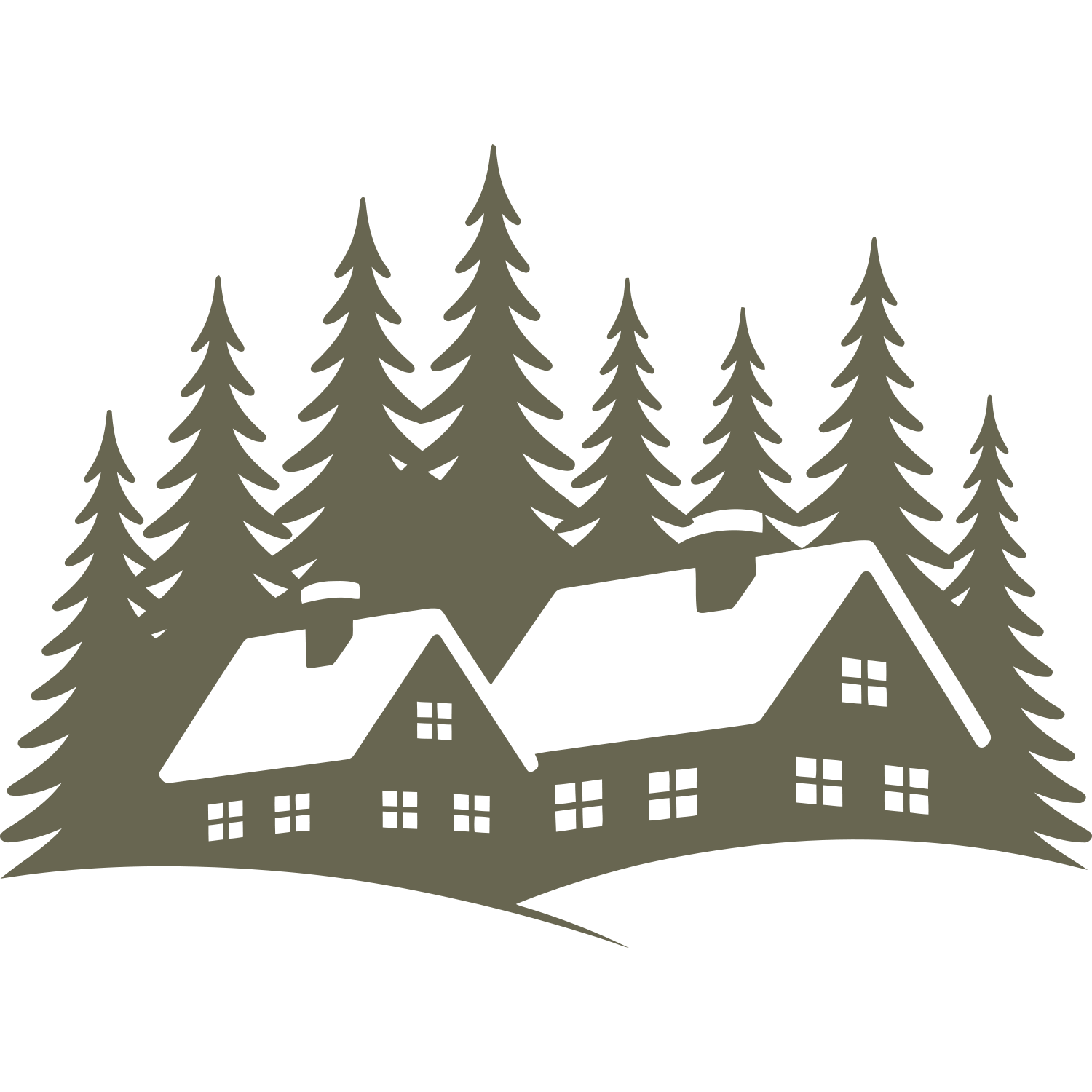 Delrin leather stamp design of a snowy cabin village surrounded by tall pine trees—perfect for winter, holiday, or woodland-themed leather projects.