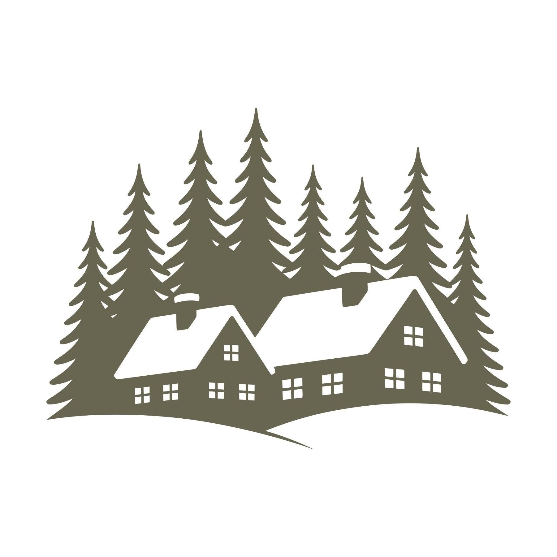 Delrin leather stamp design of a snowy cabin village surrounded by tall pine trees—perfect for winter, holiday, or woodland-themed leather projects.