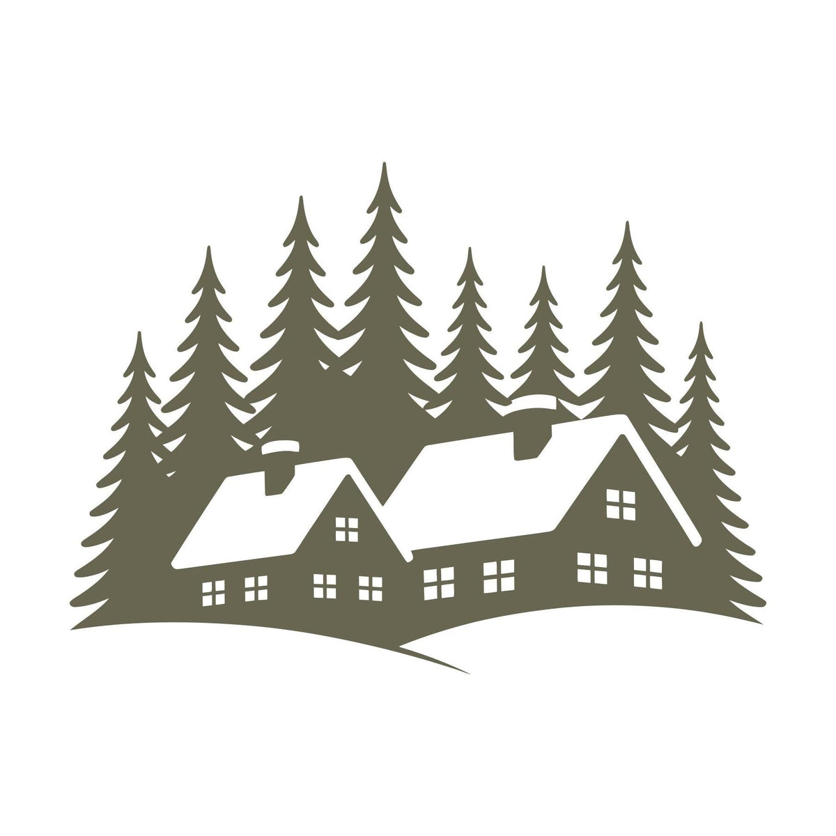 Delrin leather stamp design of a snowy cabin village surrounded by tall pine trees—perfect for winter, holiday, or woodland-themed leather projects.