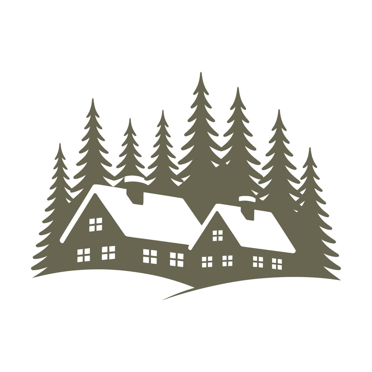 Delrin leather stamp design of a snowy cabin village surrounded by tall pine trees—perfect for winter, holiday, or woodland-themed leather projects.