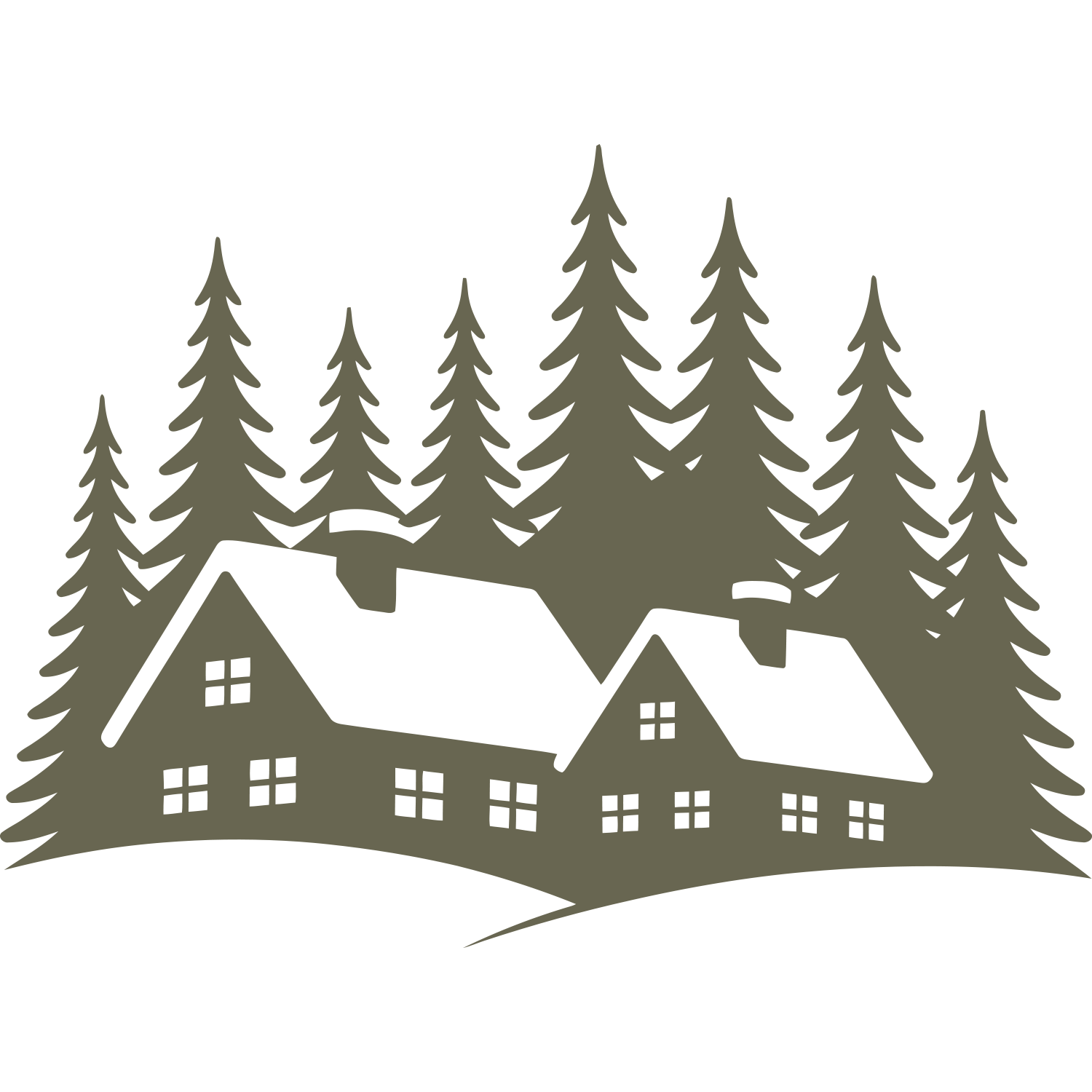 Delrin leather stamp design of a snowy cabin village surrounded by tall pine trees—perfect for winter, holiday, or woodland-themed leather projects.