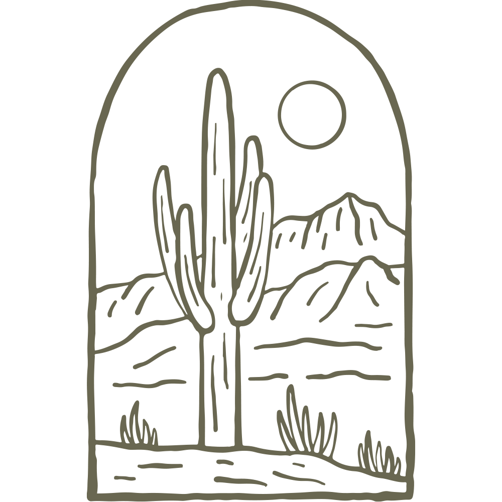 Delrin leather stamp with an arched desert cactus and mountain landscape design, perfect for southwestern and nature-themed leatherworking projects.