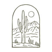 Delrin leather stamp with an arched desert cactus and mountain landscape design, perfect for southwestern and nature-themed leatherworking projects.