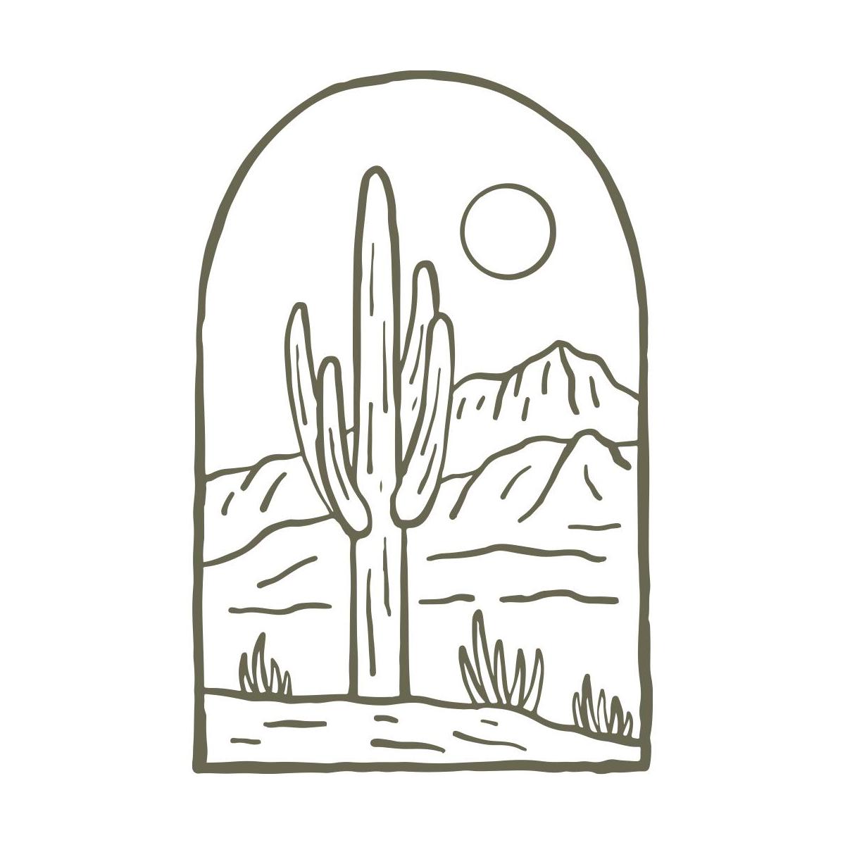 Delrin leather stamp with an arched desert cactus and mountain landscape design, perfect for southwestern and nature-themed leatherworking projects.