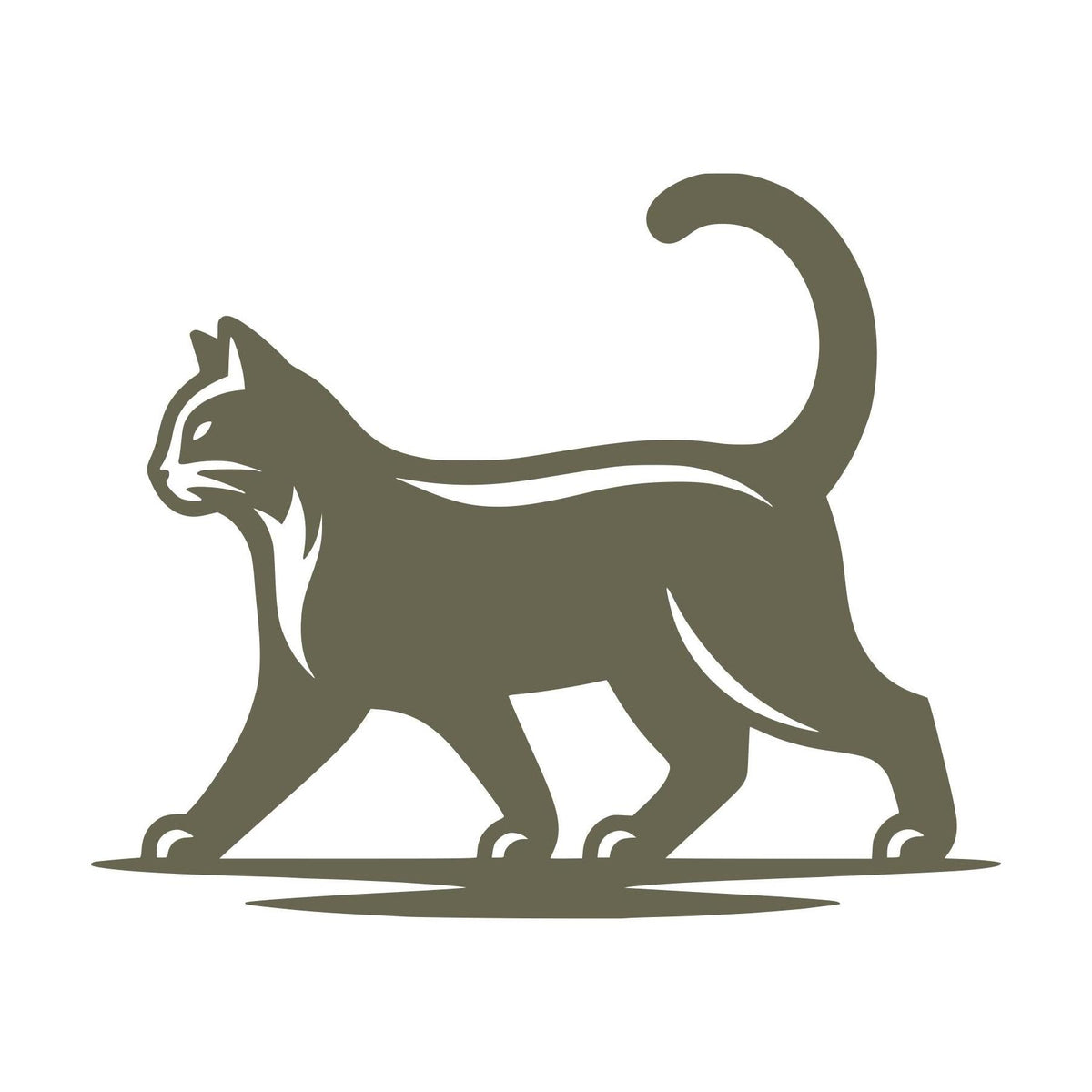 Delrin leather stamp design of a walking cat with a curved tail and sleek body lines, captured in a confident pose.