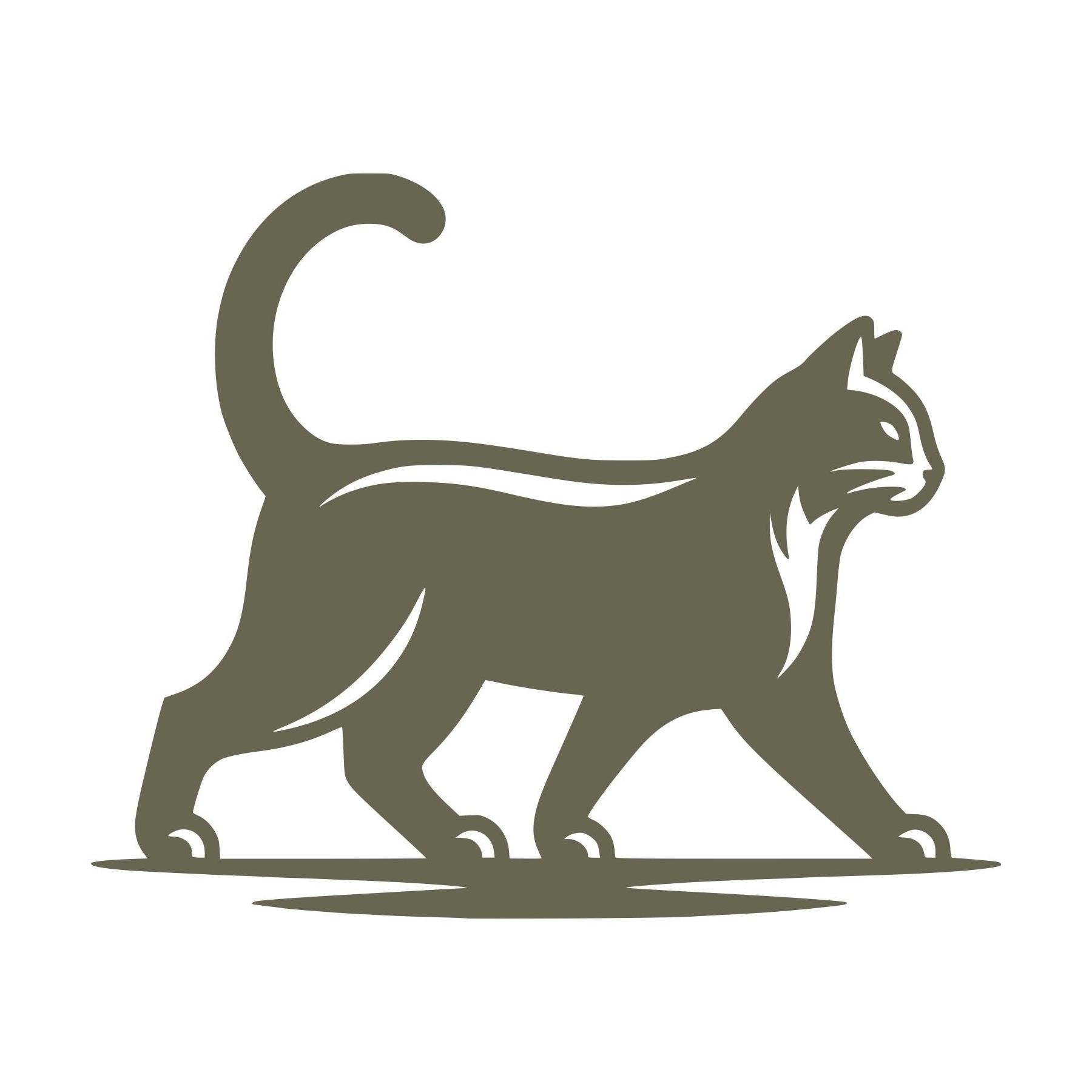 Delrin leather stamp design of a walking cat with a curved tail and sleek body lines, captured in a confident pose.