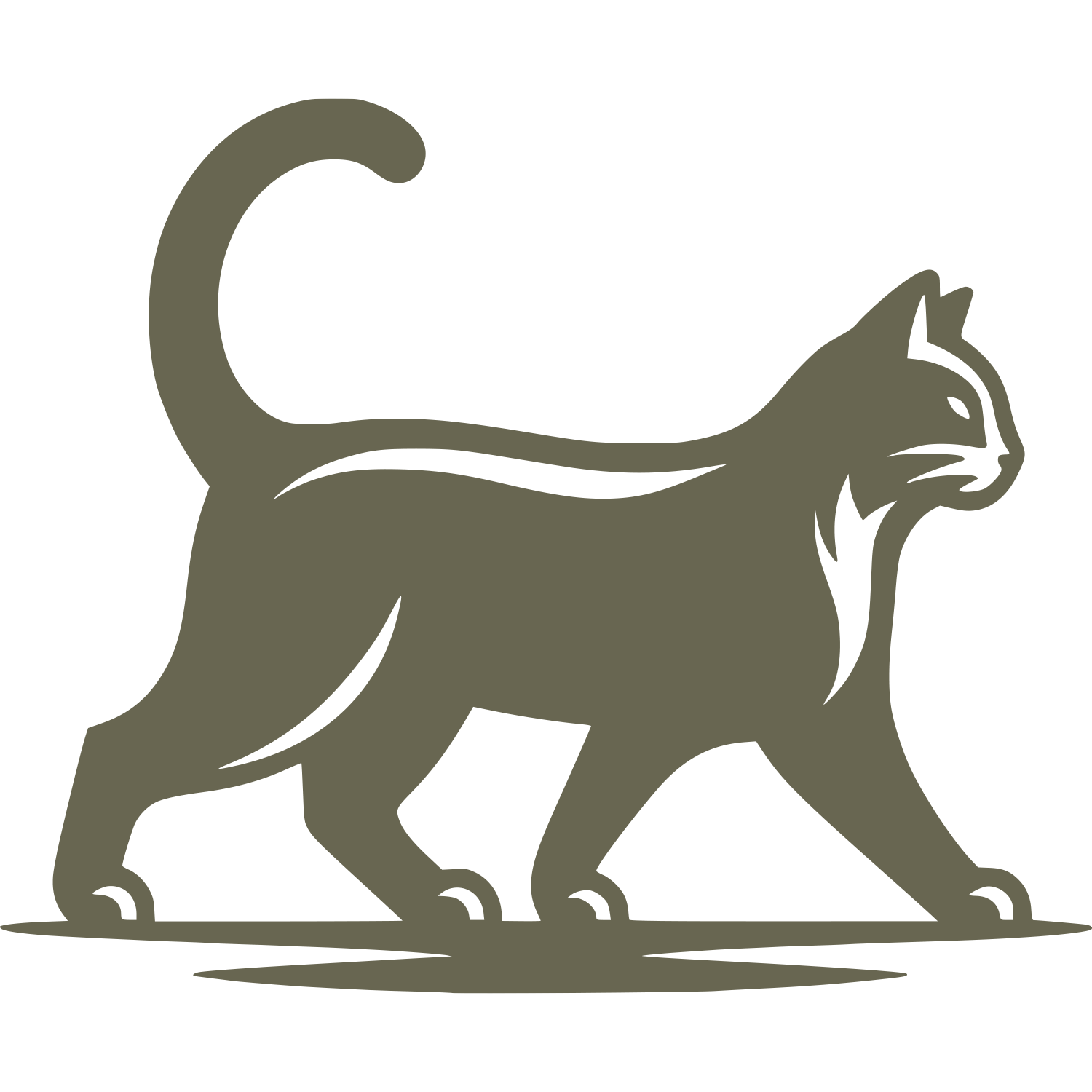 Delrin leather stamp design of a walking cat with a curved tail and sleek body lines, captured in a confident pose.
