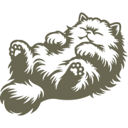 Fluffy Persian cat lying on its back with a relaxed expression, soft fur details, and curled paws.