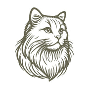 Maine Coon cat design featuring a detailed, long-haired mane, expressive eyes, and a regal posture, capturing the breed’s majestic and intelligent nature.