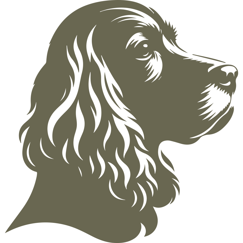 Regal spaniel head profile design featuring finely detailed fur and a proud, upward gaze.