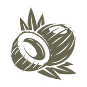 Coconut stamp design with split coconut and tropical leaves