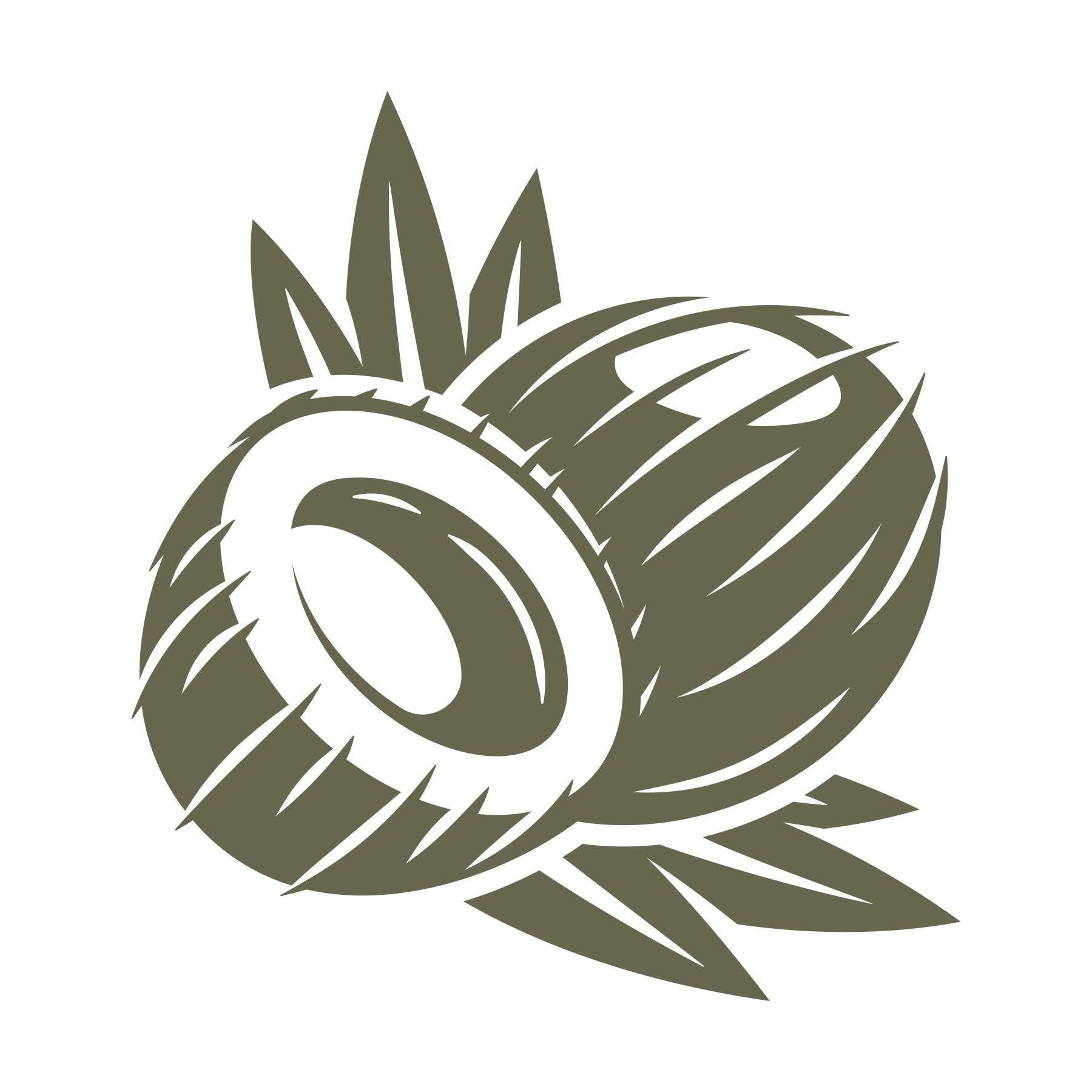 Coconut stamp design with split coconut and tropical leaves