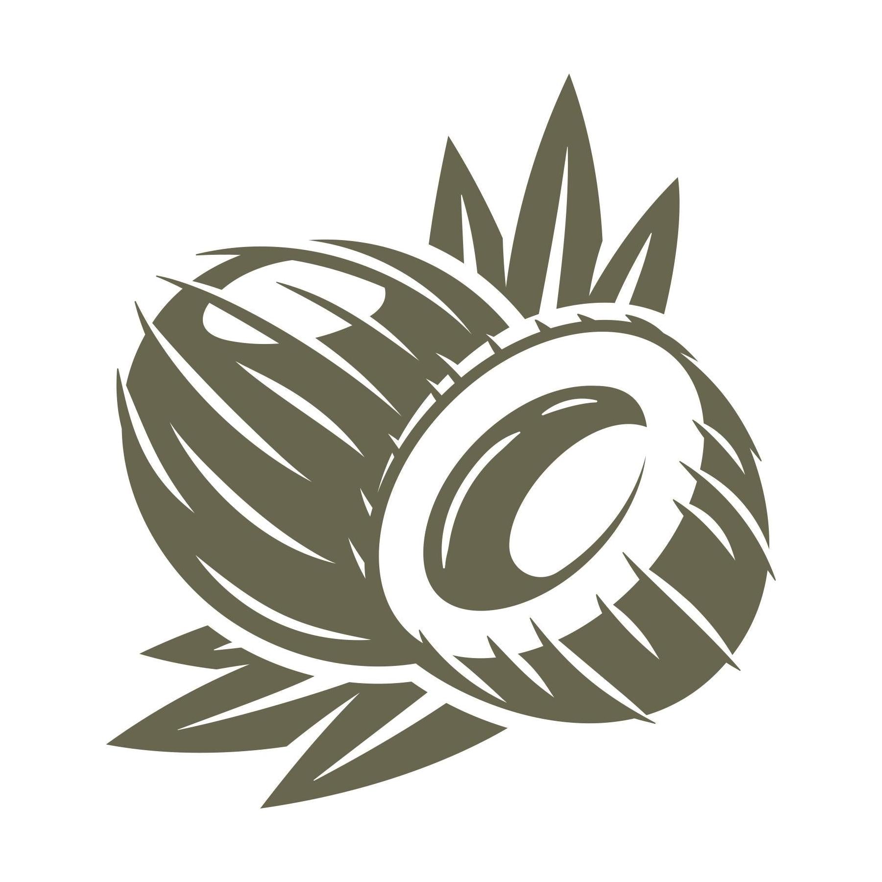 Coconut stamp design with split coconut and tropical leaves