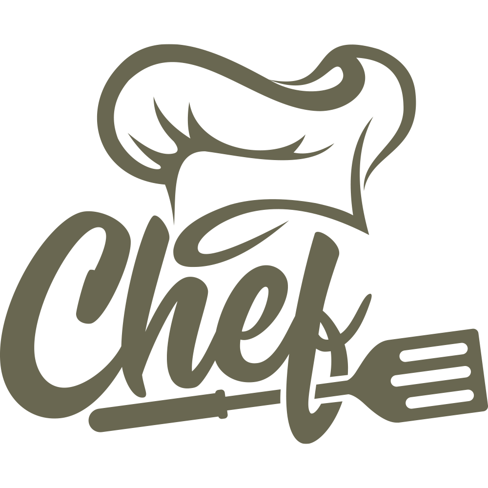 Stylized chef design featuring a chef’s hat, cursive “Chef” lettering, and a spatula, all in a clean, unified layout.